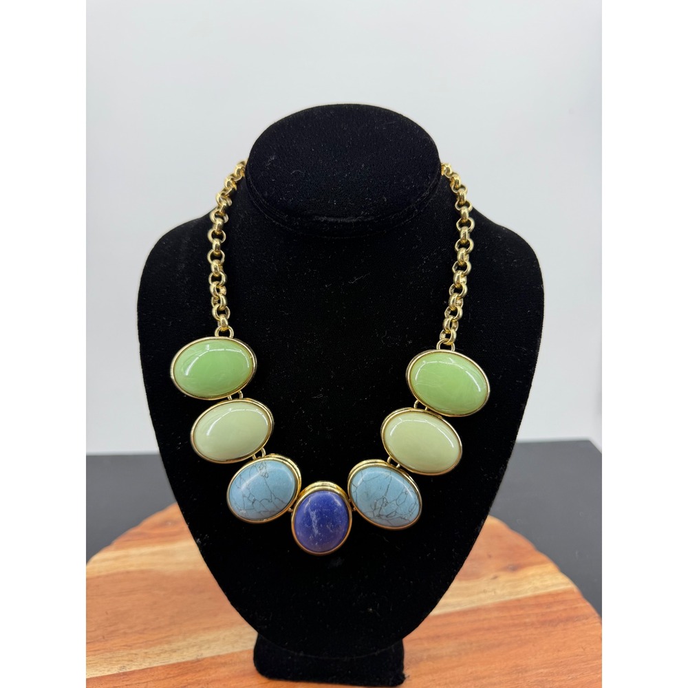Talbots Oval Cabochon Necklace Women OS Green Blue Gold Tone Chunky Statement